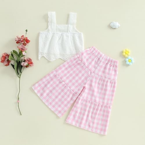 Toddler Girl Summer Outfits Eyelet Embroidery Cami Tops + Plaid Print Wide Leg Pants 2 Pcs Infant Girl Clothes Set4