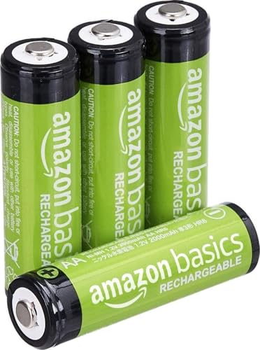 Amazon Basics paquete de 4 pilas AA NiMH recargables, 2000 mAh, 1,2 V, se recargan hasta 1000 veces, precargadas