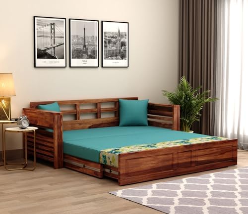 Image of Mamta Furniture Sheesham Wood Foster 3 Seater Sofa Cum Bed for Living Room Three Seater Sofa Bed for Home Sofa Com Bed Sheesham Wood |(Honey Teal Aqua Marine)