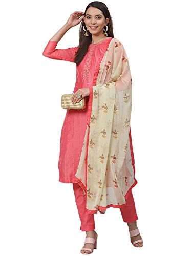 Image of AKHILAM Women's Chanderi Cotton Embroidered Unstitched Salwar Suit Material (Red 32DMK80 M Parent)