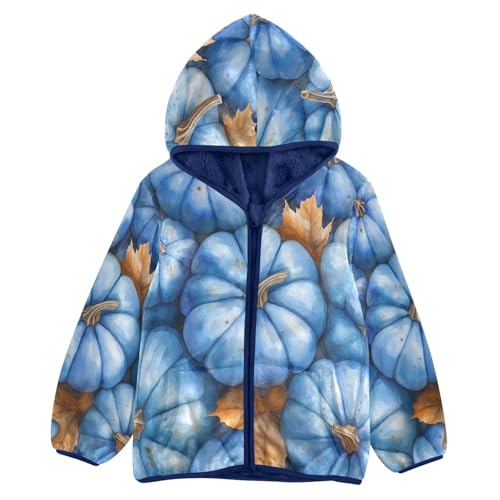 Blue Pumpkins Maple Leaves Toddler Fleece Jacket Girl Boys Hooded Fleece Jacket Coat Warm Outwear Zip-up 3-10T