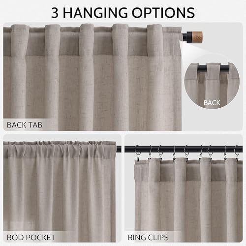 Image of Nanspring Linen Curtains 90 Inch Long for Living Room Back Tab Stone Beige