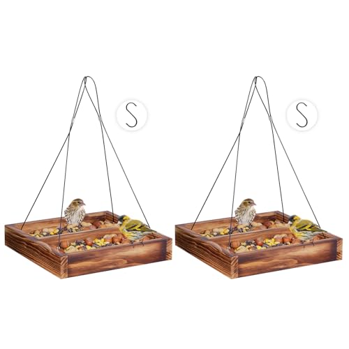 MIXXIDEA Bird Feeder Hanging Tray, Wooden Platform Hummingbird Feeder Mesh Seed Platform for Garden Yard Outside Decoration Attracting Wild Birds (Brown)
