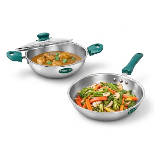 Image of The Indus Valley Triply Stainless Steel Cookware Set of 3 | Kadai 22cm with Glass Lid & Fry Pan 22cm | 100% Toxin-Free | Faster Cooking | Induction Compatible