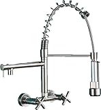 KLARWERK® Björn | Gastronomie Armatur Wandmontage Silber gebürstet |Profi Küchenarmatur Edelstahl Zwei Brausen |Doppelspülbecken Wasserhahn Restaurant