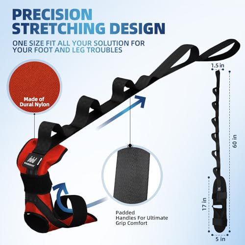 Image of comness Foot and Calf Stretcher Stretching Strap For Plantar Fasciitis, Heel Spurs, Foot Drop, Achilles Tendonitis & Hamstring. Yoga & Leg Stretch Strap. (Red)