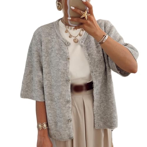 Image of Women Y2k Knitted Crop Cardigan Shirt Short Sleeve Button Down Ribbed Knit Crop Top Outwear Top Tee Shirt