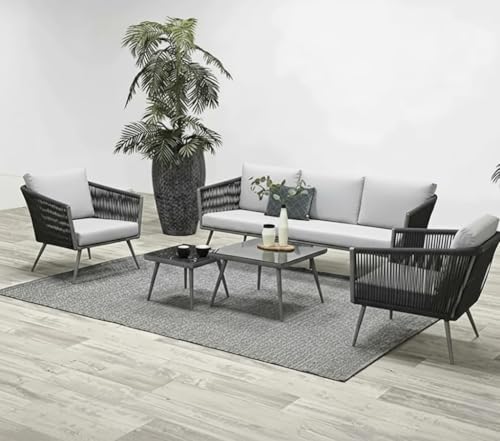 Image of LOCCUS 5-Piece Indoor & Outdoor Patio Furniture Set - Hand-Woven Rope Rattan Sectional Sofa with Tempered Glass Coffee Table, All-Weather Modular Conversation Set for Garden, Balcony, Lawn (Grey)