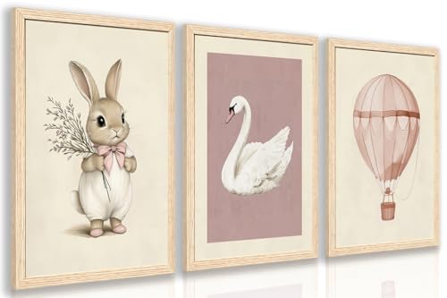 Image of Hianan Pink Baby Girl Nursery Wall Decor Cute Bunny Wall Art Cozy Rabbit Canvas Artwork Elegant Swan Poster Prints Vintage Hot Air Balloon Painting Prints for Kid's Room Baby Room Wood Framed 12"x16"x3