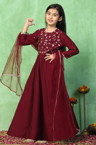 Image of Fashion Dream Girls Chanderi Embroidered Maxi Dress with Dupatta|Ethnic Gown for Kids