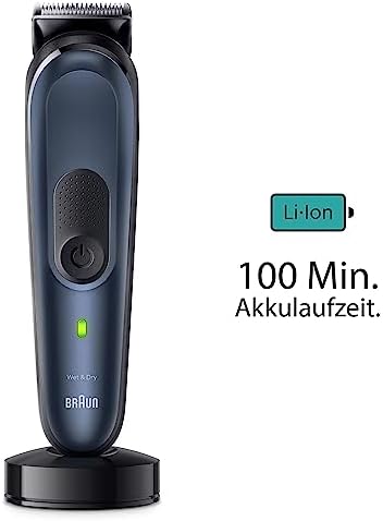 Bild 4 - Braun All-In-One Trimmer-Set 7, 10-in-1 Multigroom, Barttrimmer, Nasenhaartrimmer, Haarschneidemaschine für Gesicht, Kopf und Körper, 100 Min. Akku, 14 Längen (3–21 mm), Wasserdicht, MGK7410, Blau
