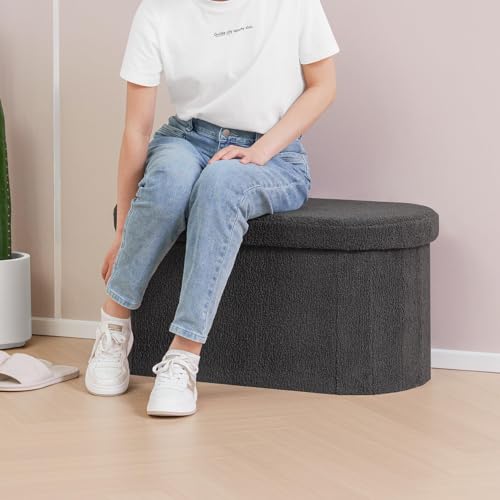 Image of B FSOBEIIALEO Ottoman with Storage for Living Room, Sherpa Folding Storage Ottoman Foot Rest, 30 Inches Collapsible Bedroom Bench Dark Grey