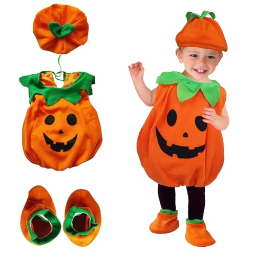 MyrkalaToy Costume da Halloween a forma di zucca per bambini, costume da zucca per neonati, con cappello, scarpa da zucca e adesivi luminosi di Halloween, per ragazze e ragazzi per la festa di
