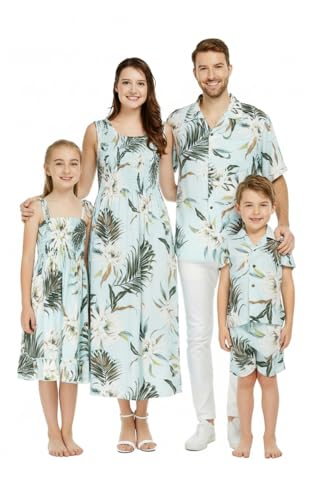 Image of Wispy Cereus Light Blue Family Matching Hawaiian Clothes | Family Matching Outfits • Soft Rayon Fabric • Tropical Floral Print • Vacation Ready • Luau Party Wear