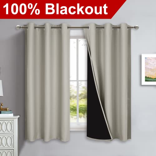 Image of NICETOWN Natural 100% Blackout Lined Curtains, 2 Thick Layers Completely Blackout Window Treatment Panels Thermal Insulated Drapes for Kitchen (1 Pair, 42 inch Width x 63 inch Length Each Panel)