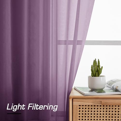 Image of Simplebrand Plum Sheer Curtains 63 Inch Length 2 Panels, Rod Pocket Solid Color Window Sheer Curtain Panels, Elegant Curtains & Drapes for Living Room, Bedroom 2 Panels (Plum, 42 inch W x 63 inch L)