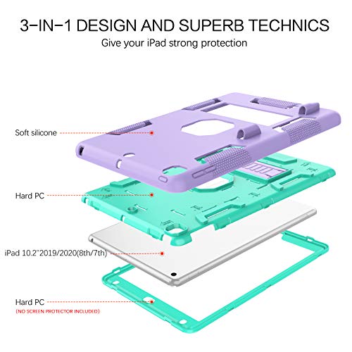 Bentoben Ipad 9Th Generation Case, Ipad 8Th Generation Case, Ipad 7Th Gen Case, Ipad 10.2 2021/2020/2019 Case, 3 In 1 Heavy Duty Rugged Shockproof Protective Cover With Stand Pen Holder, Purple/Green #TOP2