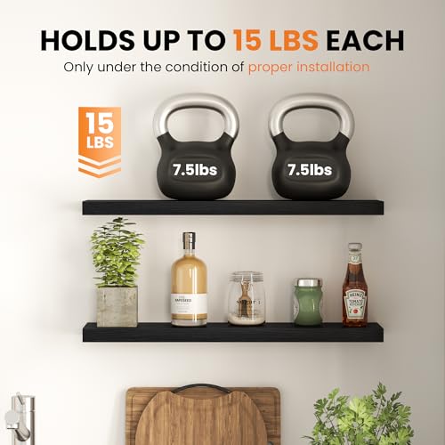 Image of Fun Memories Floating Shelves for Wall, 8 Inch Set of 4 Rustic Wood Wall Shelves with Invisible Brackets, Heavy Duty Storage Display for Bathroom Bedroom Living Room Kitchen, Black