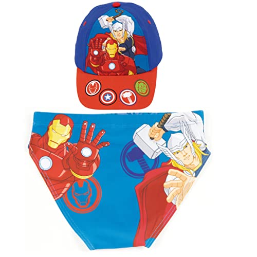 Bañador Avengers para Playa o Piscina + Gorra Los Vengadores para Niños | Pack de Bañador y Gorra Marvel | Bañador Avengers Tipo Slip + Gorra Avengers para Niños (8 años, Azul)