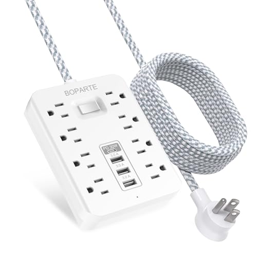 BOPARTE Surge Protector Power Strip with 10 Ft Extension Cord - USB C Power Strip (PD 30W) 8 AC Outlets & 3 USB Ports Flat Plug White Power Strip for Home Office Dorm 1700 Joules Wall Mount