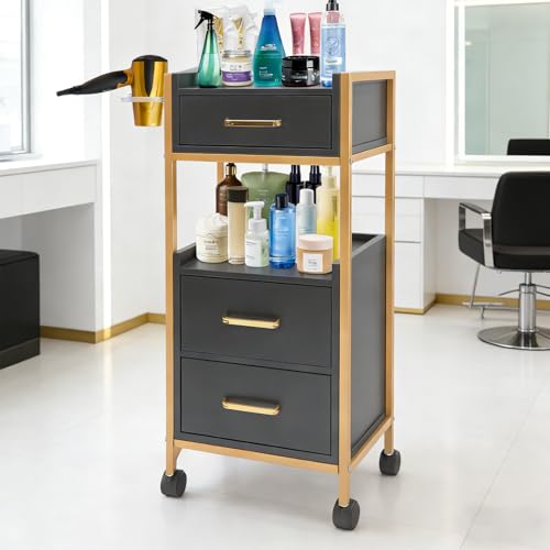 Salon Trolley with Wheels, 3 Drawers Salon Cart with Hair Dryer Holder Utility Salons Cabinet for Tools Storage at Barbershop Beauty Salons Tattoo Shop (Black)