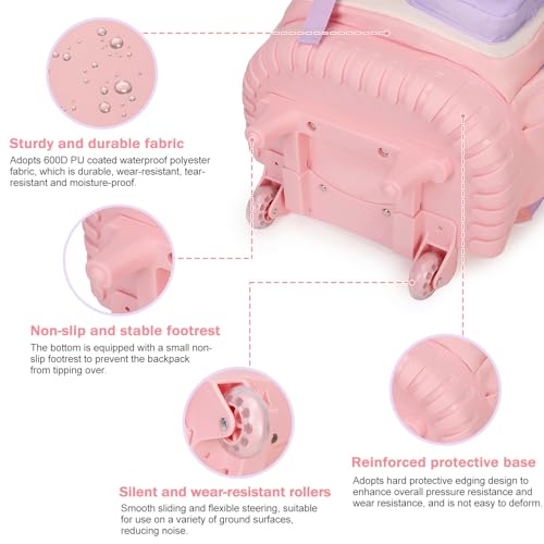 Rolling Backpack for Girls, Kawaii Bunny Roller Wheels School Backpacks with Lunch Bag Pencil case, Wheeled Suitcase Bookbag for Elementary Travel Pink4