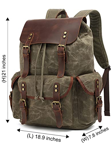 Image of HuaChen Vintage Waxed Canvas Backpack with Genuine Leather Flap, Travel & Work Rucksack, Water-Resistant Daypack with Anti-Theft Pocket, OVERSIZE - M80 Army Green XL