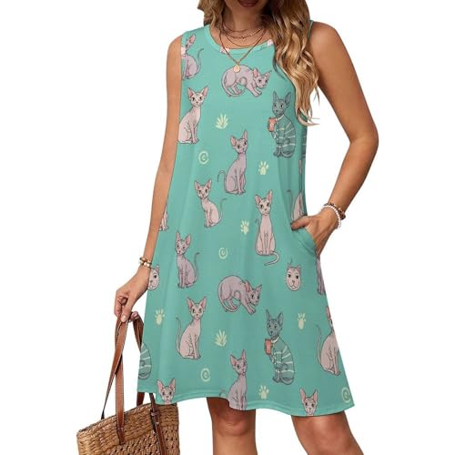 Women's Sleeveless Dress with Pocket, Naked Cats Sphynx Cats Mint Green, Summer Lightweight Breathable Sundress Crew Neck for Adult, Sexy Tank Dresses Knee-Length, (XL)