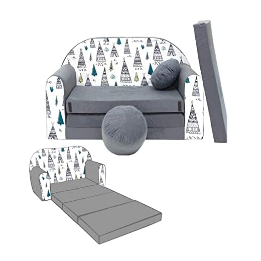 Mon Mobilier Design Nino Canapé Convertible lit pour Enfant avec Pouf et Coussin Oeko-TEX Gris avec tipi