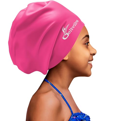Extra Large Swim Cap for Kids Black Girls Aged 4 to 16 with Long Hair Braids Dreadlocks Waterproof Silicone Swimming Hat Turban Hair Protection for Boys Toddler Children Youth