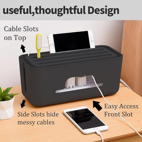 Image of Xacton Large Cable Management Box with Lid | Cord Organizer Box for Power Strip, Extension Board & Charging Station, Home, Office & Desk | Cable Concealer for TV, Computer & Electronics - Black