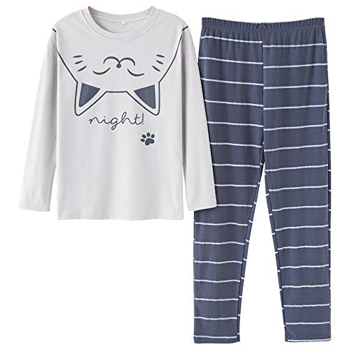 Big Girls Pajamas Set -Cute Bunny Long Sleeve and Pant Casual Loungewear Young PJS Size 12-16 (8, Grey&Blue(Cat))