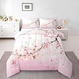 Erosebridal Pink Cherry Blossoms Comforter Set Girls Japanese Style Romantic Theme Bedding Set Botanical Floral Print Duvet Set for Teens Couple Pink Flower Decor Quilts Queen Size 3 Pcs