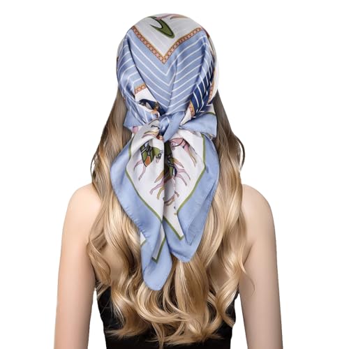 EXTREE Silk Feeling Scarf Medium Square Satin Head Scarf Sleeping Hair Wrapping for Women 27.5 × 27.5 inches Back Horse Frame Blue