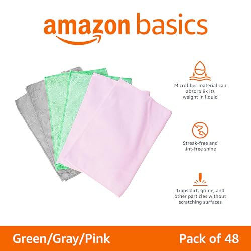 Image of Amazon Basics Microfiber Cleaning Cloths, Ultra Absorbent, Scratch-Free, Non-Abrasive, Reusable and Washable, 16 inch x 12 inch, Green /Gray /Pink, 48-Pack