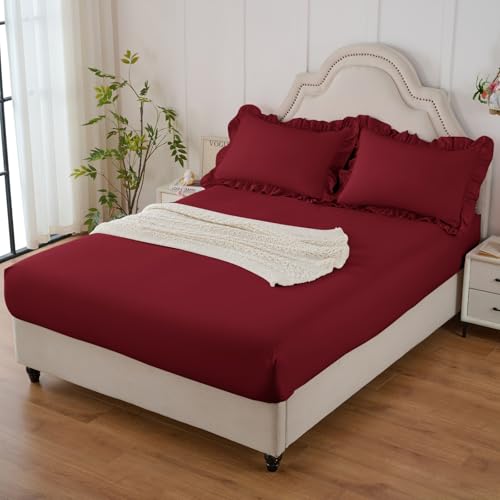 Image of Homiest 3-Pieces Ruffle Pillow Case & Fitted Sheet Set, Burgundy King Sheets with 2 Ruffled Pillow Shams, 15 Inch Deep Pocket, Cute & Coquette Microfiber Bed Set for Decorating Bedroom Hotel