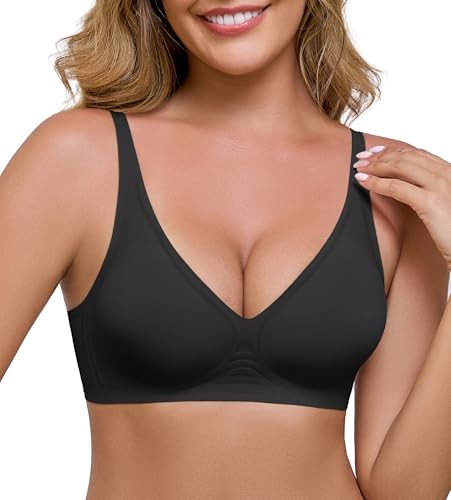 2026 Women Seamless Wireless Bras Push Up Deep V No Underwire Supportive Bralettes Full Coverage Plunge Everyday Bra Dark Black
