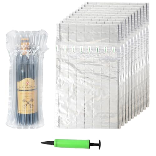 ESJNNK ワイン緩衝材保護袋 10枚セット ワイン梱包用エアー緩衝材 エアマッスル 衝撃吸収 割れ防止 エアパッキン ポンプ付き 壊れやすいアイテム 輸送 気柱バッグ (10)