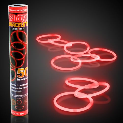 Fun Central 8 Glow Stick Bracelets Bulk 50 Pack for Halloween Parties Trick-or-Treat Safety Haunted Houses Parades & Nighttime Celebrations Red