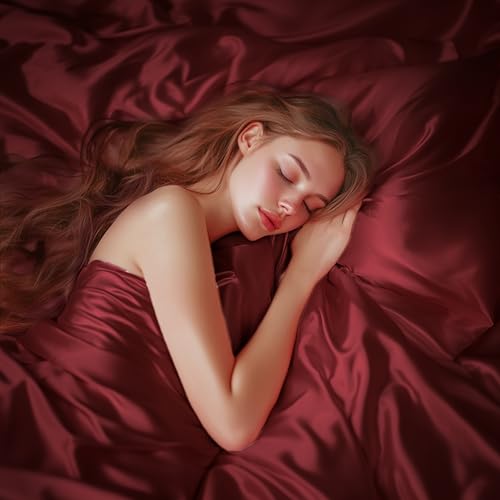 Love's cabin Satin Queen Sheets Set - 4 Piece Burgundy Silky Bed Sheets with Deep Pocket, Luxury Silk Feel Satin Queen Size Sheet Set (1 Flat Sheet,1 Fitted Sheet,2 Pillow Cases)