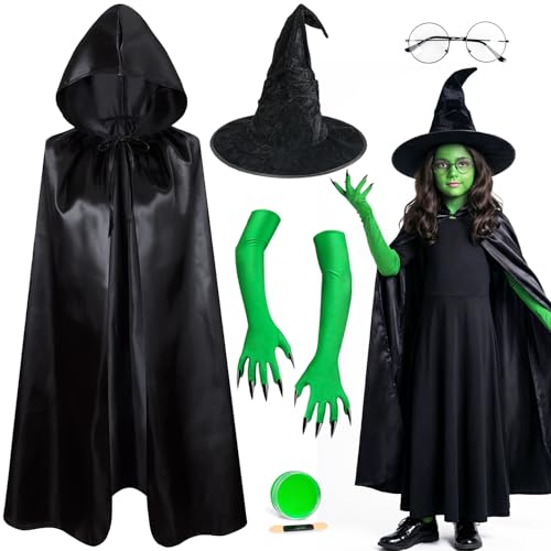 iZoeL World Book Day Costume Girls Green Witch Costume Set Hooded Cloak Witch Hat Green Face Paint Long Gloves & Glasses Magical Book Character Outfit for WBD Fancy Dress