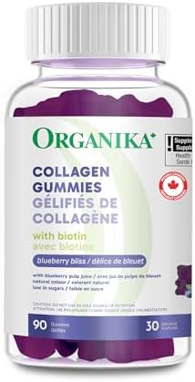 Organika Collagen Gummies - Blueberry Flavour - 2500 mg of Collagen Per Serving plus Biotin For Better Skin, Hair and Joint Health Pasture-Raised Cattle, Gluten and Dairy-Free 90 Gummies