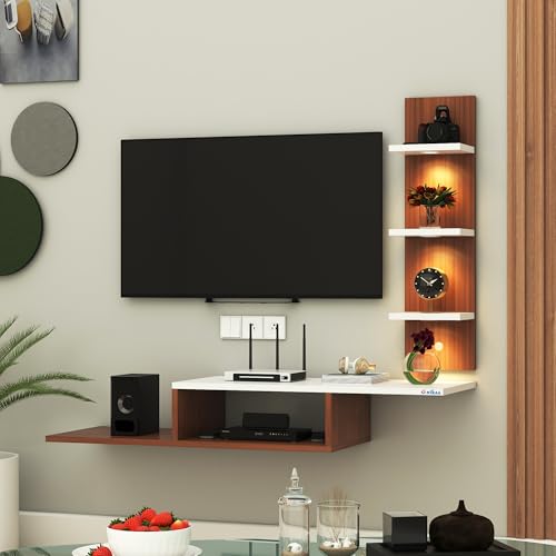 Image of Anikaa LED Light TV Unit Wall Mounted TV Unit Wall TV Stand TV Cabinet for Living Room, Set Top Box Stand - Walnut /White (D.I.Y - Do-It-Yourself) Ideal for up to 43 inch inches