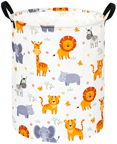 Image of Round Lion and Tiger Pattern Laundry Hamper Clothes Storage Basket Fabric Storage Hamper Organization Storage Bin, Nursery Box,Gift Basket with Handles