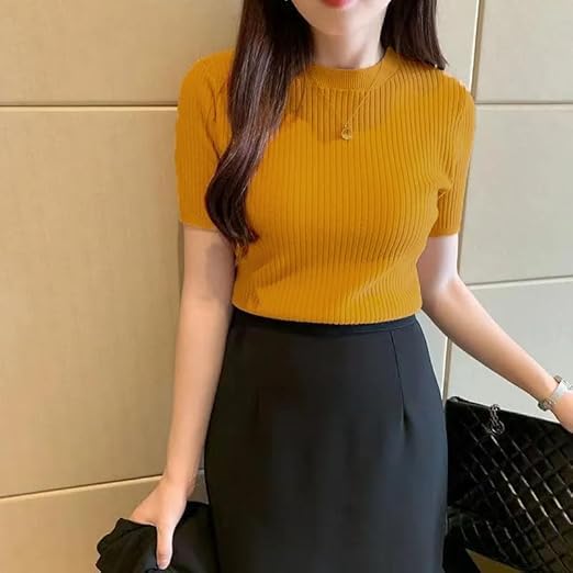 Image of Slim Fit Plain Stretchable Round Neck Rib Knit Short Sleeve Regular Top for Women | T Shirt | Tee