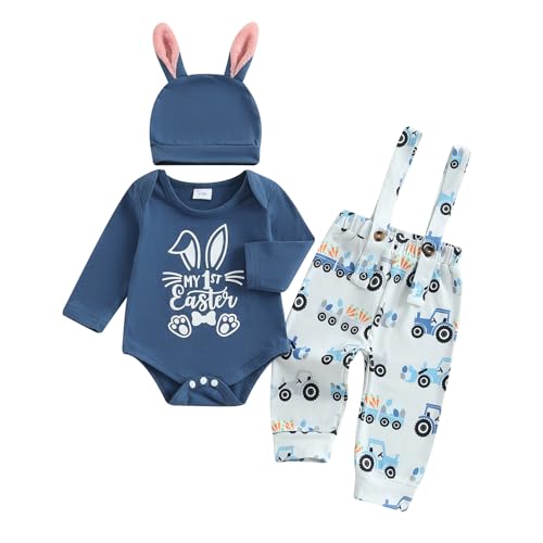 My First Easter Baby Boy Outfit Long Sleeve Romper Tractor Suspender Pants Set Bunny Ear Hat 3Pcs Easter Clothes (Blue, 0-3 Months)