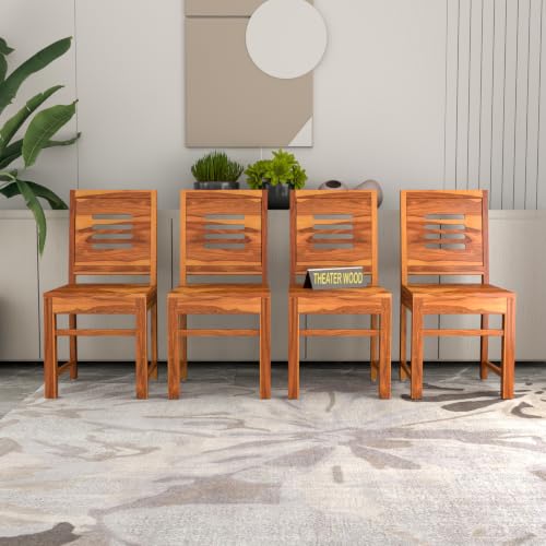 Image of Solid Sheesham Wood Dining Chair Set of 4 | Premium Wooden Dining Chairs for Dining Table | Modern Slatted Backrest | Heavy Duty Kitchen & Dining Room Chairs