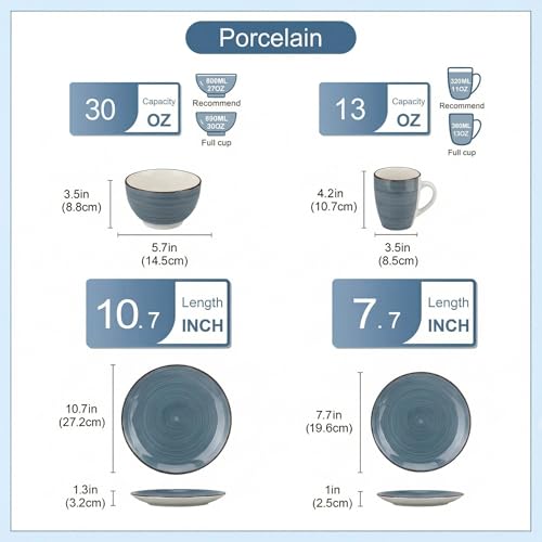 Alivio 16-Piece Porcelain Dinner Set, Lead-Free Blue Glaze Dinnerware Set for 4, Microwave & Dishwasher Safe Plates, Bowls & Mugs (Grey) - Image 4