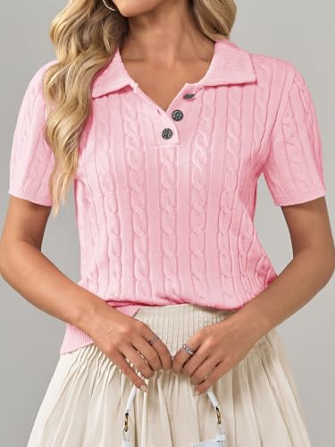Image of Imily Bela Womens Polo V Neck Pullovers Lightweight Short Sleeve Cable Knit Sweater Business Casual Summer Tops 2025