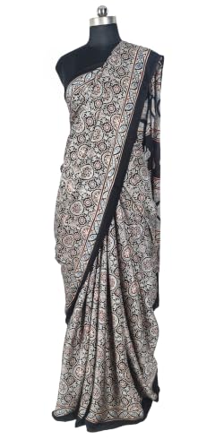 Image of Ethnics of Kutch Womenss Ajrakh Modal Silk Natural Dye Hand Block Print Saree with Blouse Piece - 5.5 Mtr Length